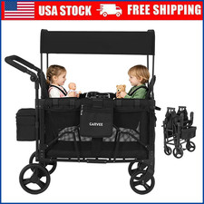 Push Pull Folding Wagon for 2 Kids with Foot Brake, Snack Tray, Removable Canopy
