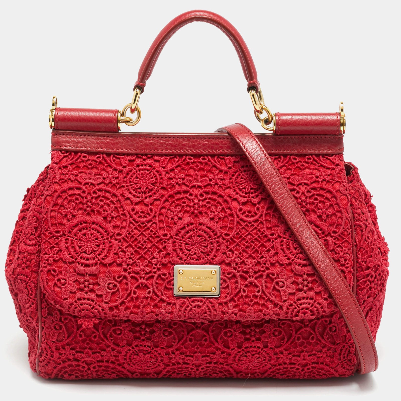 Dolce Gabbana Miss Sicily Medium Red Floral Crochet Canvas Top Handle Bag