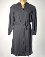 M&S Shirt Dress Size 16 Black Crepe Long Sleeves Belted Side Slits Smart Work