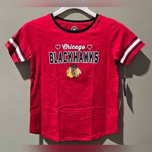 Chicago Blackhawks Girls' Red Hearts & Glitter Logo Varsity Tee -- Large 10/12 - Image 2 of 4