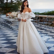 Strapless Long Puff Sleeve Lace Wedding Dress Luxury Appliques Beaded Bride Gown