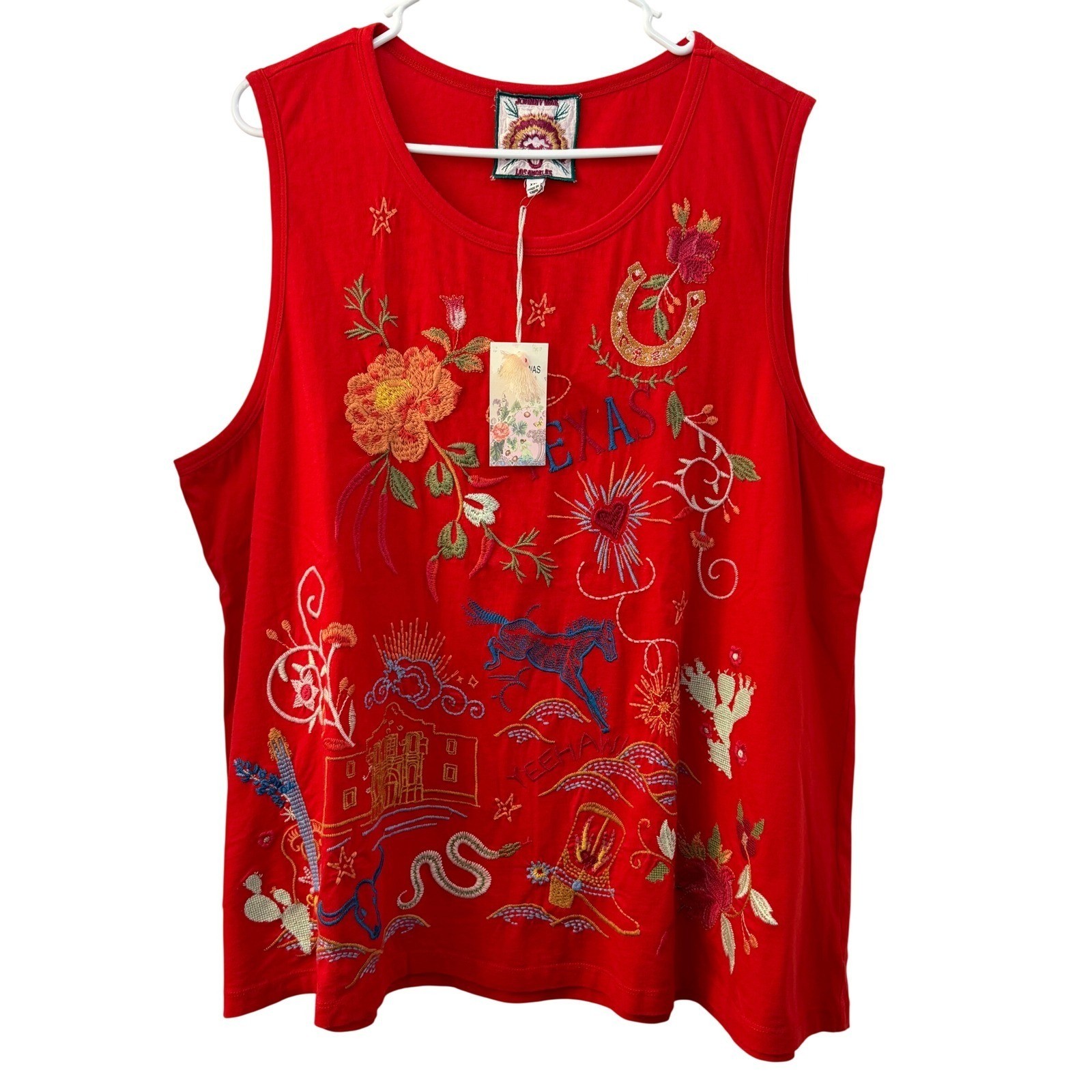 Camiseta sin mangas Johnny Was Texas tejida roja bordada Western Boho XXL R12624-3 NUEVA
