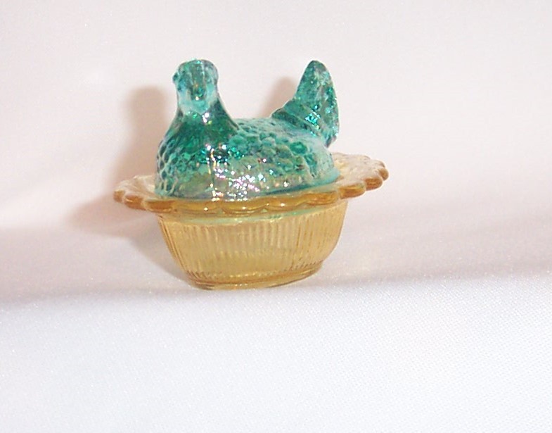 Mosser Mini Hen On Nest carnival teal & amber Marked "M"~salt ~marriage set