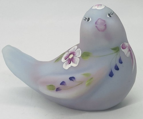 Fenton Blue Satin Burmese Songbird Hand Painted Flowers Bow Figurine Signed - Picture 1 of 11
