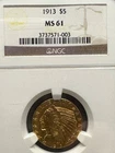 1913 - US Gold $5 Indian  Half  Eagle - NGC MS 61 - No Reserve - True Auction