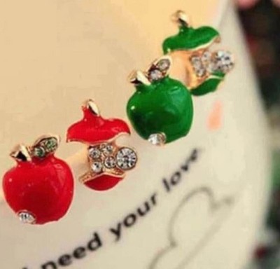 New Super Adorable Apple Collection Rhinestone Enamel Stud Earrings2 Pairs!