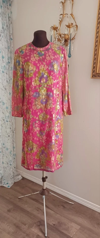 Vestido Oscar de LA Renta Para Jane Derby Espectacular Flor de Seda Metálico Talla S Foto 4 de 4