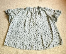 Womens Top-MAX STUDIO-black/ivory floral silky tasseled tunic flutter slv-1X