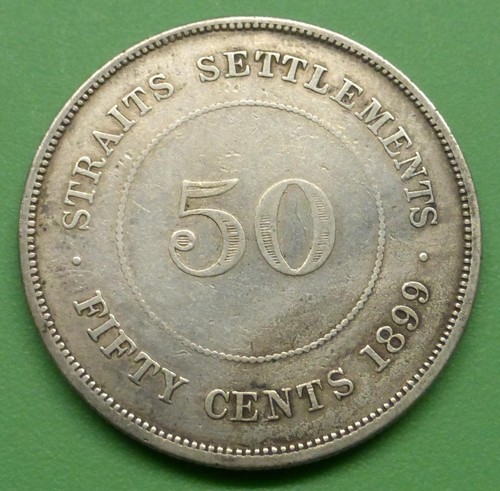1899 Straits Settlements Queen Victoria 50-Cent Coin, 80% Silver Coin, KM #13