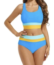 NEW Blue & Yellow Color Block S Sporty 2-Piece High Waist Bikini Swimsuit