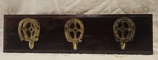 Vintage Brass Horseshoe Bridle Rack. Triple Hooks Mounted On Wood - 29"W × 8" H.