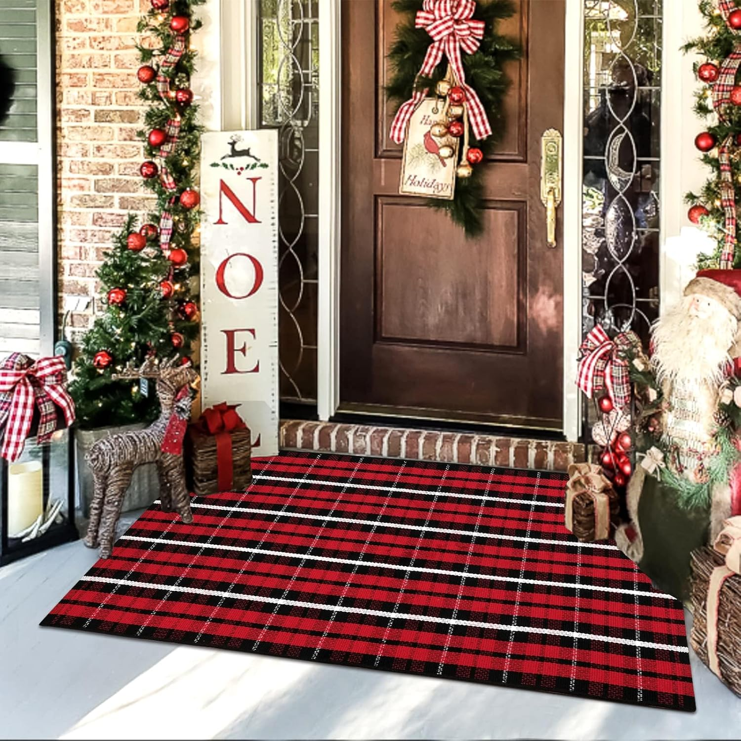 Christmas Front Door Mat Outdoor 2'X4.3', Red Buffalo Plaid Porch Rug Machine Wa