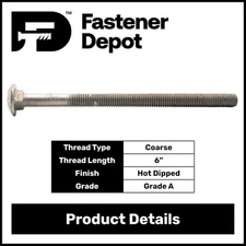 3/8"-16 x 12” Hot Dipped Galvanized Carriage Bolt, Grade A, 6" of Thread, Qty 25