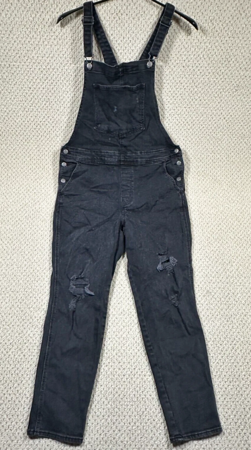Old Navy Bib Overalls Womens 14 Black Jack Wash Distressed Denim Stretch Taper