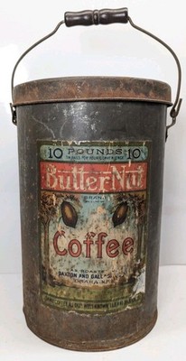 RARE! Vintage Butter-Nut Coffee 10 Lb Tin Pail with Paper Label & Wood Wire Bail