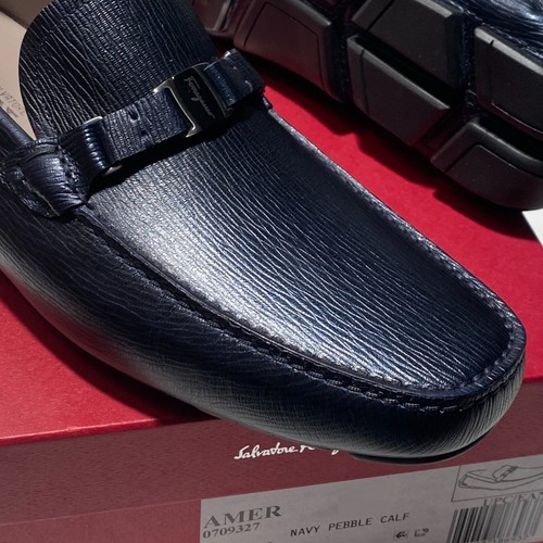 Ferragamo Bit Halbschuhe 11,5 EE marineblau genarbtes Leder Herren Fahrer elegante Slipper - Bild 5 von 6