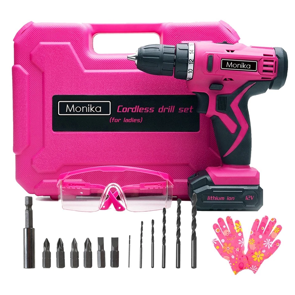 Monika 12V Pink Cordless Drill Driver Screwdriver Bits Kit for Women Lady Tool