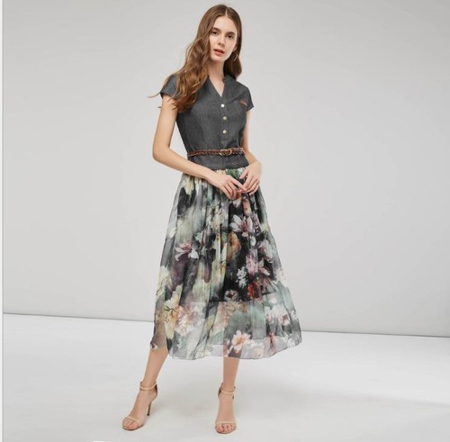 Floral Print Women's A-line Maxi Dress Short Sleeve V-neck Denim Slim Fit Casual - Picture 3 of 14