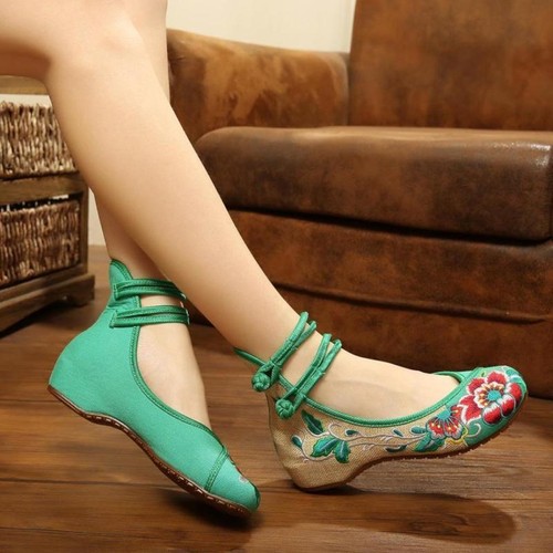 Womens Chinese Embroidered Flower Flat Shoes Comfy Mary Jane Ballet Cotton party - Picture 6 of 15