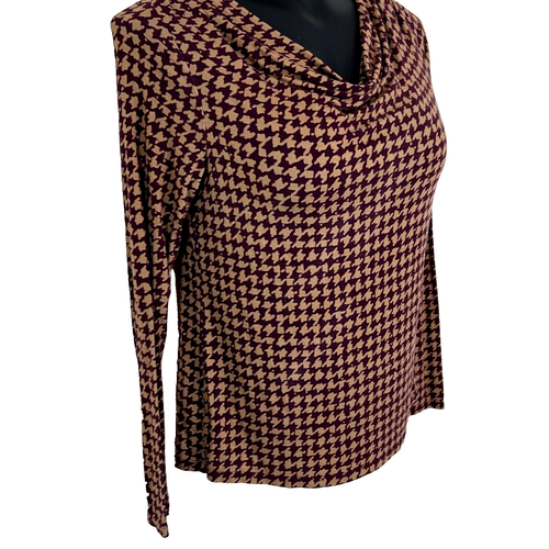 Ann Taylor - Women's S Blouse Houndstooth Print Cranberry Red Gold Cowl Neck - Picture 2 of 13