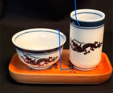 3 Piece Tea Set Japan dragon and fish Wooden Tray Rare Collectible Vintage Rare