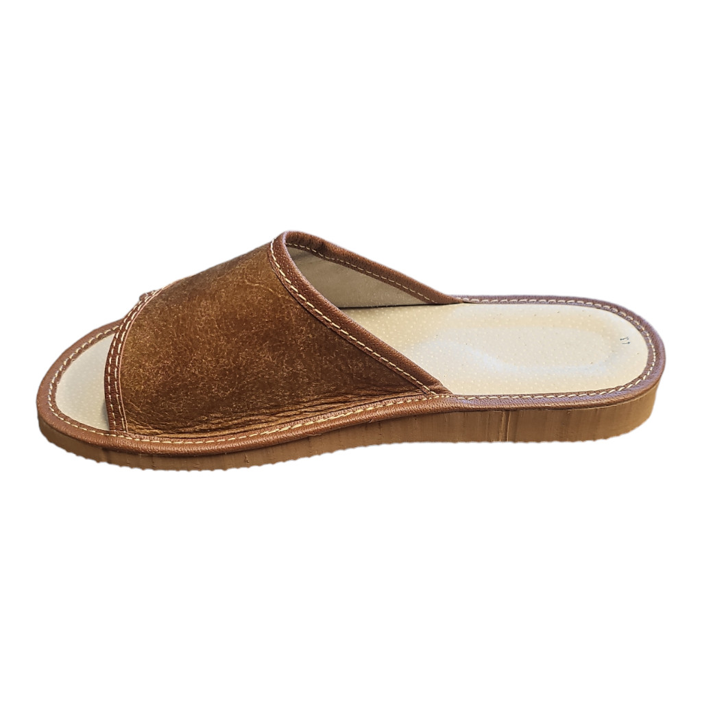 Mens open toe slip on slippers genuine leather brown indoor sandals