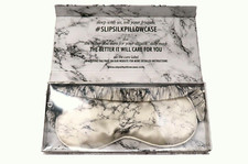 SLIP: SILK SATIN SLEEP MASK. WHITE/GREY MARBLE SILK SATIN. ORG. 50. SALE 43