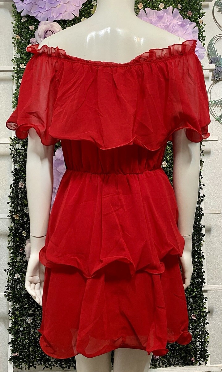 red chiffon bardot ruffle tiered dress Shop Red Chiffon Bardot Ruffle Tiered Dress Online in Oman