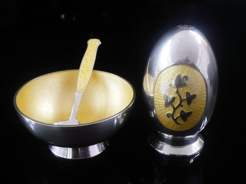 Danish Sterling Silver Enamel Salt Pepper & Spoon, Meka Reklamegaver - Picture 2 of 10