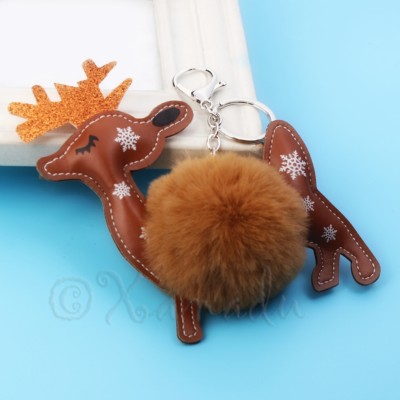 Christmas Reindeer Keychain And Backpack Clip With Brown Plush Pom Pom