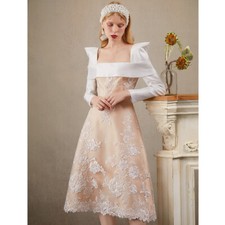 Dress French Celebrity Style Mesh Embroidery Square Neck Womens Mid Long Dress