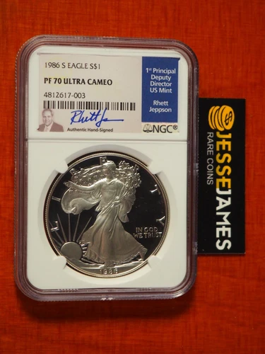 1986 S PROOF SILVER EAGLE NGC PF70 ULTRA CAMEO RHETT JEPPSON HAND SIGNED LABEL!