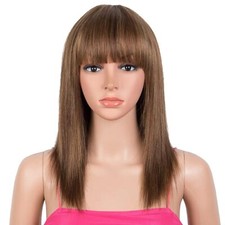 Modern Ombre Brown Straight Wig with Bangs, 14'', Glueless, Highlight