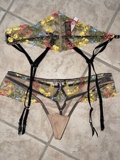 Victoria Secret Dream Angels Emb. Floral Sheer Thong Panty / Garter Belt Set M