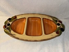 CLAY ART "Oliva Italiana" Hand-Painted Oval 3-Way Divided Serving Dish