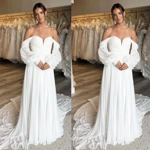 Chiffon Wedding Dress Off the Shoulder Puff Sleeves A Line Beach Bridal Gowns - Picture 1 of 11