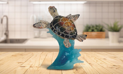 #ad 5quot;H Green Sea Turtle Swimming on Wave Statue Sea Life Figurine Room Decor $21.59