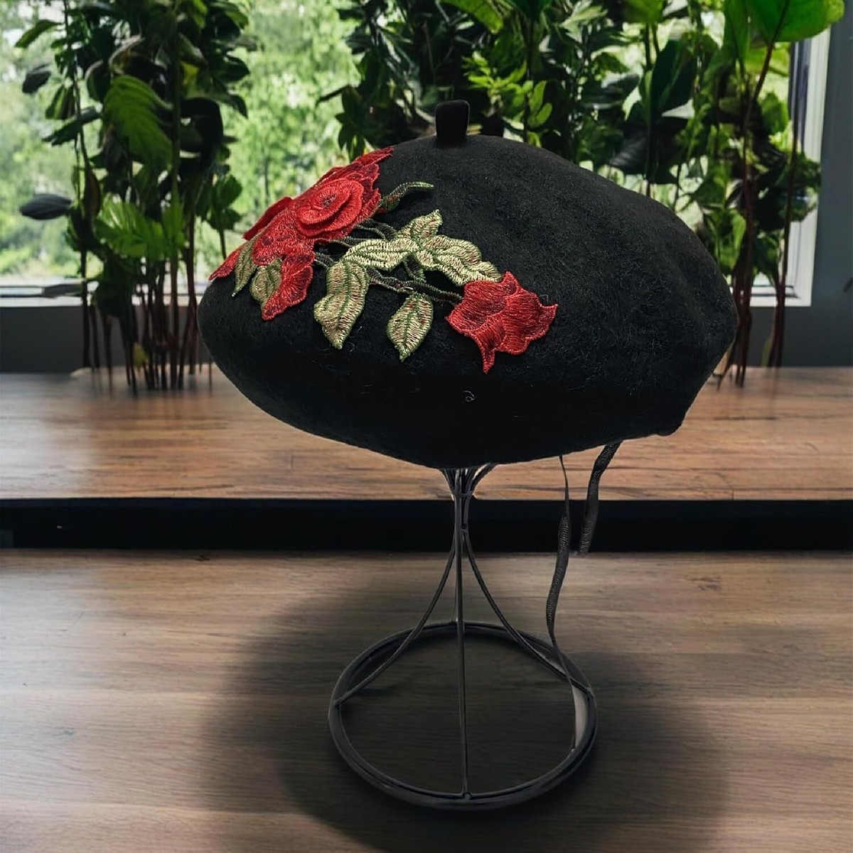 Women Flower Embroidery Wool Beret Winter Warm Hat French  display picture 2