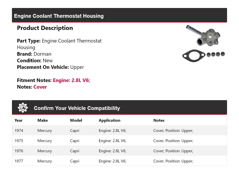 For 1974-1977 Mercury Capri 2.8L V6  Dorman Engine Coolant Thermostat Housing - Image 2 of 4