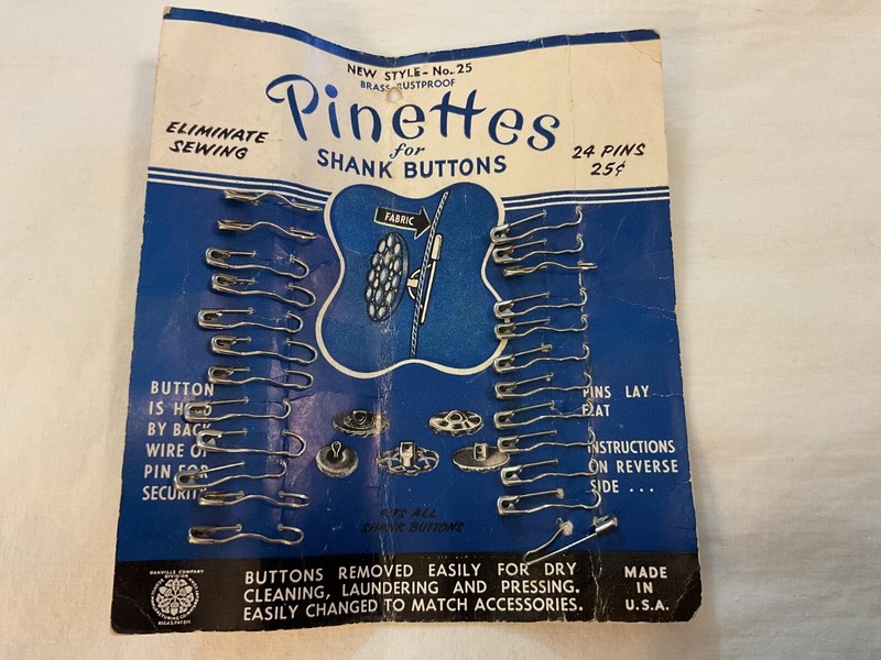 Vintage Card of 24 Brass New Style No. 2 PINETTES  for Shank Buttons  1954