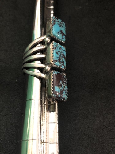 3 Stone Redskin Turquoise Ring Sterling Silver signed B sz 4 R0119 - Picture 3 of 8