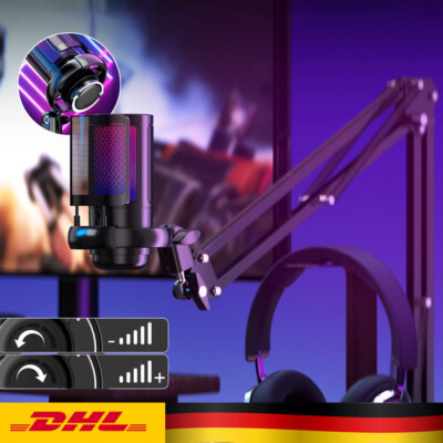 RGB Gaming Mikrofon PC Set mit Arm USB Microphone mit Mikrofonarm für MAC PS5 DE