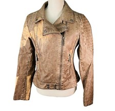 Joujou Womens Faux Leather Jacket Biker Brown Wash Sz Large Zip Pockets