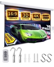 Electric Projector Screen 100 Inch with Remote Control Ceiling Mount Hooks, P...