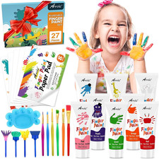 27PCS Kids Washable Finger Paint Set, 8 Colors Non Toxic Finger Paints, Finger P