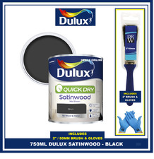 Dulux Quick Dry Black 750ML Satinwood Wood/Metal Paint FREE BRUSH & GLOVES