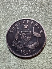 Australia 1916-M .925 Silver 3 Three Pence Kangaroo animal Moorhen Very Fine