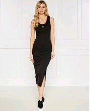 HUGO Women's Midi Dress Stacked Logo Cotton-Blend Jersey Slim Fit Size 8 Black