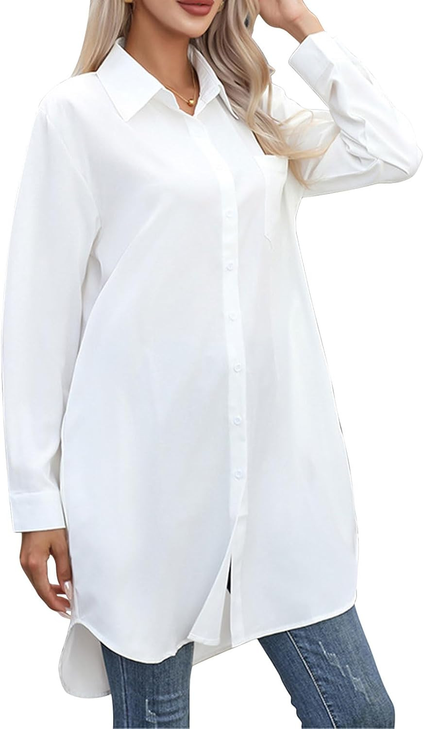 Longbluse Damen Knöpfen Business Bluse V-Ausschnitt Langarmoberteile Polyester