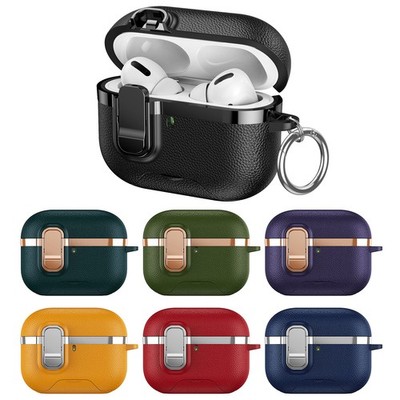 For Apple AirPods 4th Gen/Pro 3/2 Shockproof Leather Lock Stand Case + Keychain